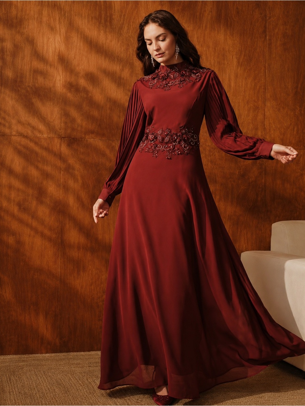Elegant Burgundy Long Sleeve Maxi Dress